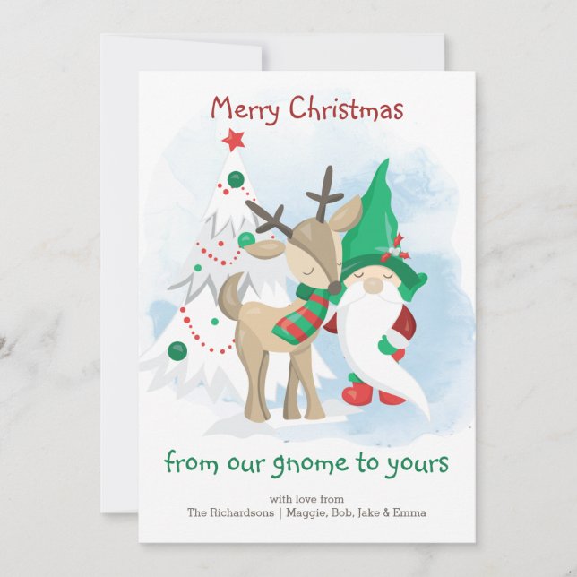 Gnome Reindeer and Christmas Tree Whimsical Funny Holiday Card (Front)