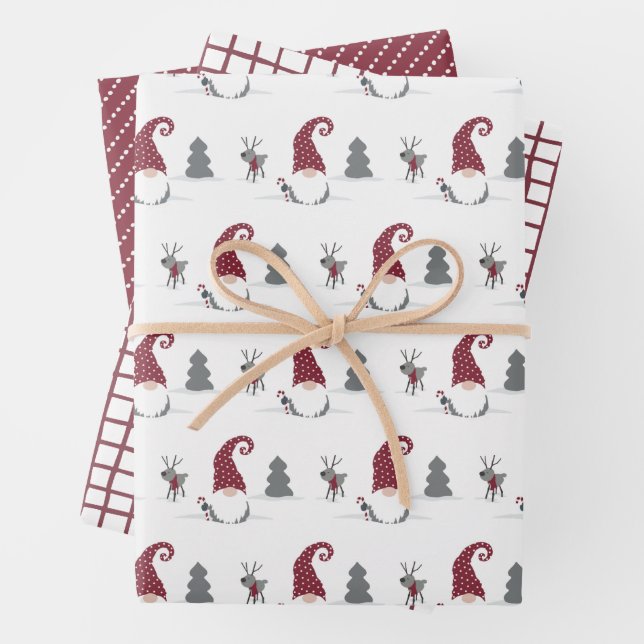Gnome & reindeer, grid and dots Scandinavian  Wrapping Paper Sheet (In situ)