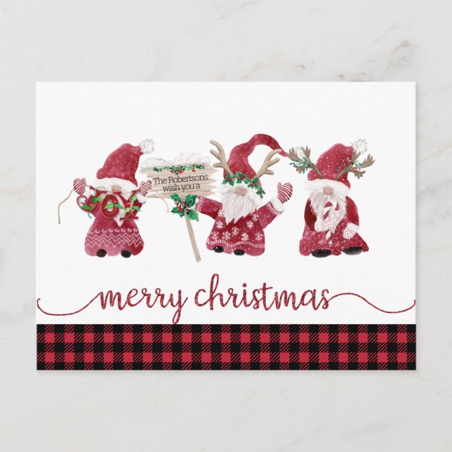 Gnome Reindeer Watercolor Buffalo Plaid Christmas Holiday Postcard (Front)