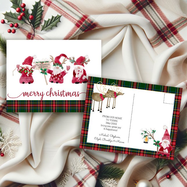 Gnome Reindeer Watercolor Classic Plaid Christmas Holiday Postcard (Creator Uploaded)