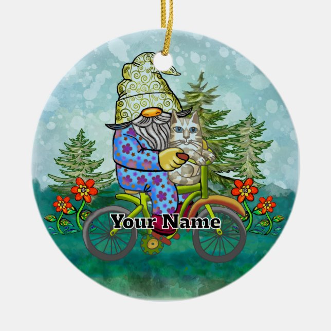 Gnome Riding Bike Ceramic Tree Decoration (Front)