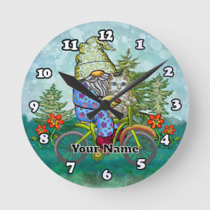 Gnome Riding Bike Round Clock