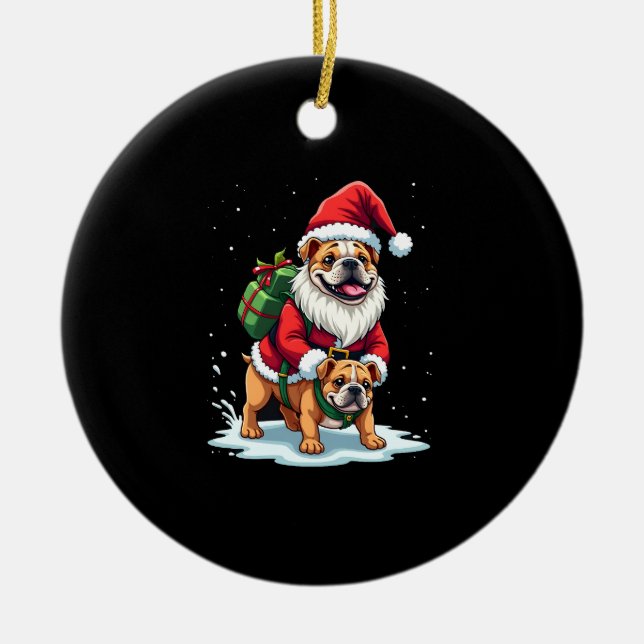 Gnome Riding English Bulldog Christmas Xmas Boys G Ceramic Tree Decoration (Front)