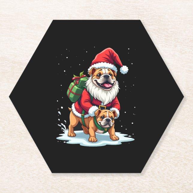Gnome Riding English Bulldog Christmas Xmas Boys G Paper Coaster (Front)