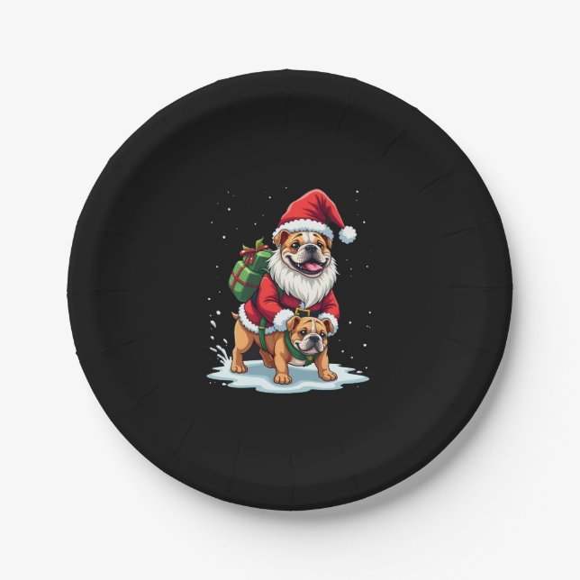 Gnome Riding English Bulldog Christmas Xmas Boys G Paper Plate (Front)