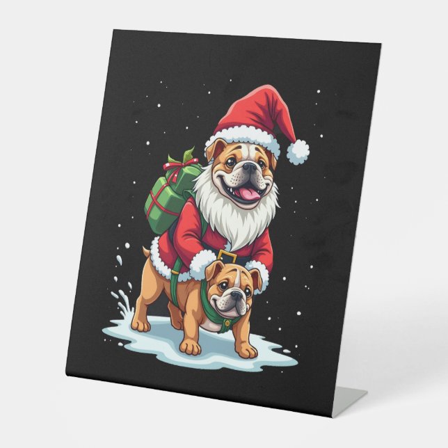 Gnome Riding English Bulldog Christmas Xmas Boys G Pedestal Sign (Front)