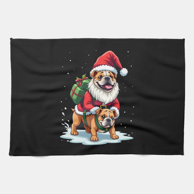 Gnome Riding English Bulldog Christmas Xmas Boys G Tea Towel (Horizontal)