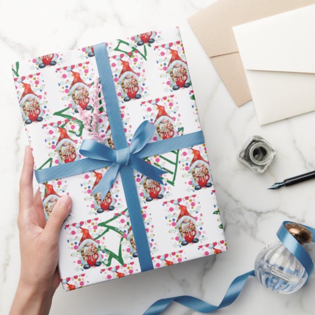 Gnome Santa With Background Christmas Trees Wrapping Paper (Gifting)
