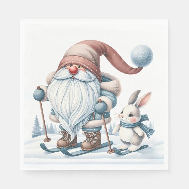 Gnome Skiing With a Bunny In Snowflakes Napkin (Front)