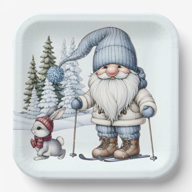 Gnome Skiing With a Bunny In Snowflakes Paper Plate (Front)