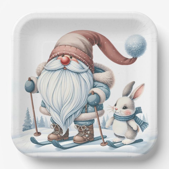 Gnome Skiing With a Bunny In Snowflakes Paper Plate (Front)