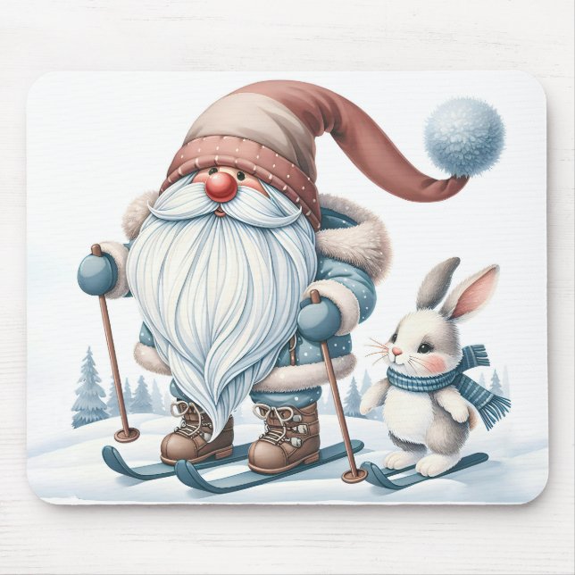 Gnome Skiing With a Bunny Mouse Mat (Front)