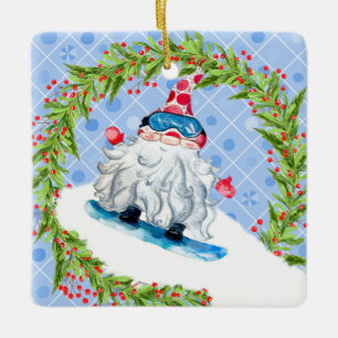 Gnome Snow Boarding with Wreath Ceramic Ornament