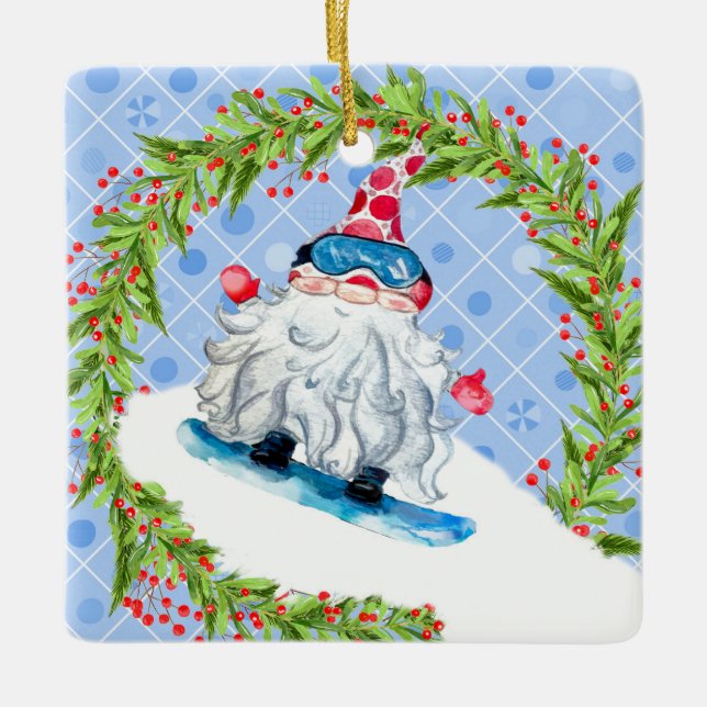Gnome Snow Boarding with Wreath Ceramic Ornament (Front)