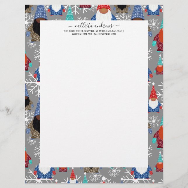 Gnome Snowflake Illustrations Christmas Pattern Custom Letterhead (Front)