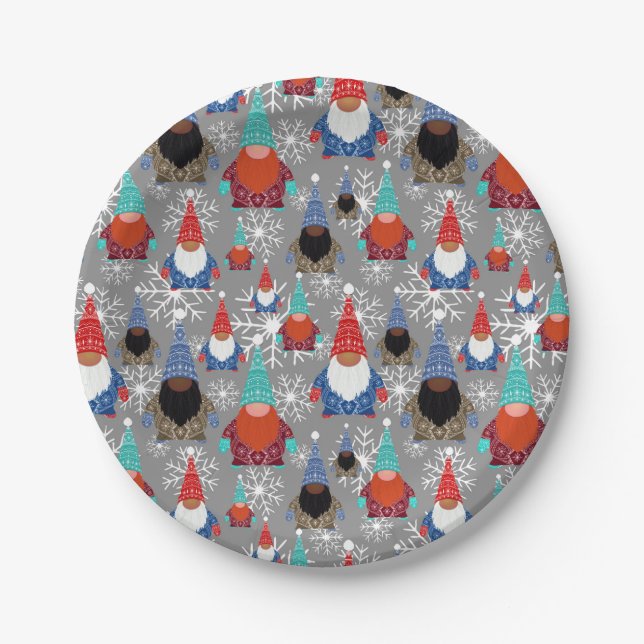 Gnome Snowflake Illustrations Christmas Pattern Paper Plate (Front)