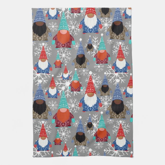 Gnome Snowflake Illustrations Christmas Pattern Tea Towel (Vertical)