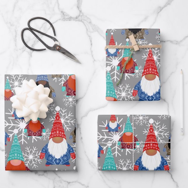 Gnome Snowflake Illustrations Christmas Pattern Wrapping Paper Sheet (Front)