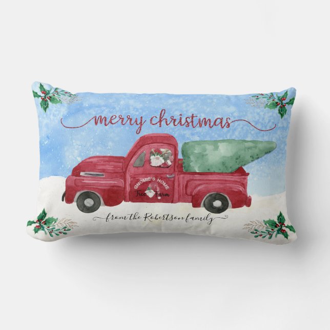 Gnome Snowing Tree Farm Red Truck Watercolor Lumbar Cushion (Front)
