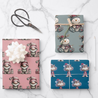 gnome, snowman,  cute tired santa elf cat wrapping paper sheet