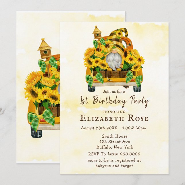 Gnome Sunflower Bees 1St. Birthday Party Invites (Front/Back)