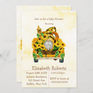 Gnome Sunflower Bees Baby Shower Invitations