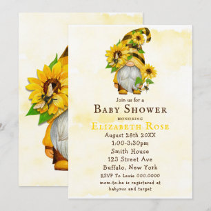 Gnome Sunflower Bees Baby Shower Invitations 