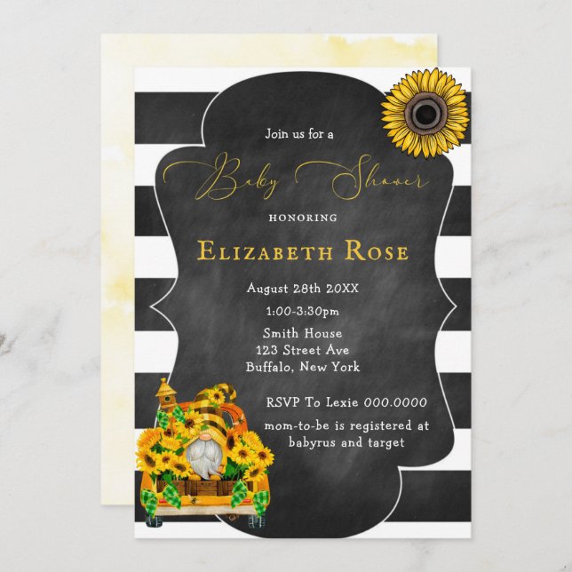 Gnome Sunflower Bees Chalkboard Baby Shower Invite (Front/Back)