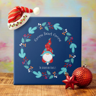 Gnome Sweet Gnome Blue Modern Elf Floral Wreath Tile