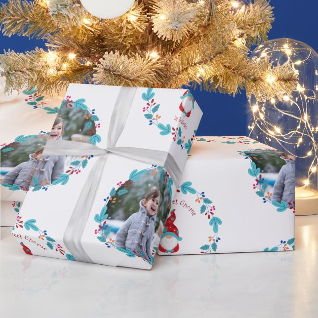 Gnome Sweet Gnome Cute Floral Wreath Custom Photo Wrapping Paper (Holidays)