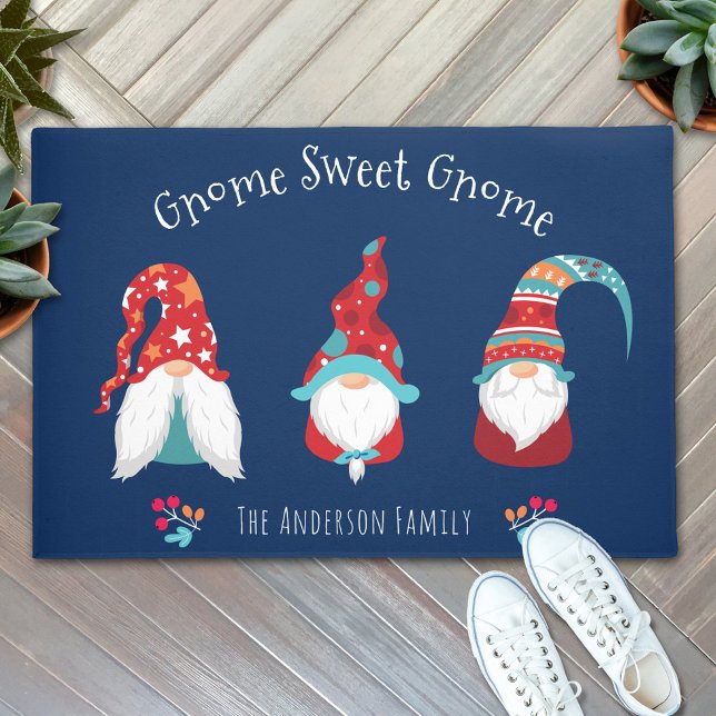 Gnome Sweet Gnome Cute Fun Elf Holiday Custom Navy Doormat (Creator Uploaded)