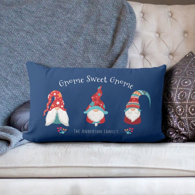 Gnome Sweet Gnome Cute Fun Modern Holiday Elf Blue Lumbar Cushion (Creator Uploaded)