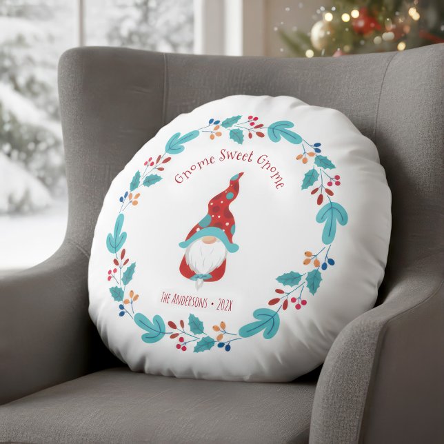 Gnome Sweet Gnome Cute Modern Elf Floral Wreath Round Cushion (Creator Uploaded)