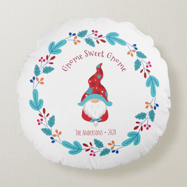 Gnome Sweet Gnome Cute Modern Elf Floral Wreath Round Cushion (Front)