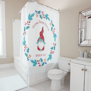 "Gnome Sweet Gnome" Cute Modern Elf Floral Wreath Shower Curtain