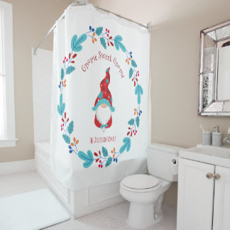 "Gnome Sweet Gnome" Cute Modern Elf Floral Wreath Shower Curtain