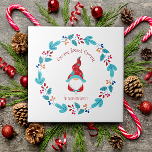 Gnome Sweet Gnome Cute Modern Elf Floral Wreath Tile