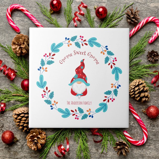 Gnome Sweet Gnome Cute Modern Elf Floral Wreath Tile (Creator Uploaded)