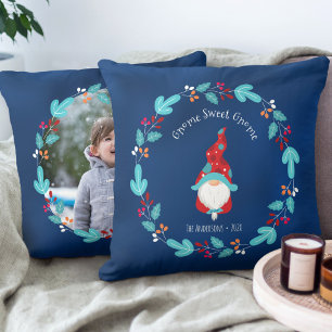 Gnome Sweet Gnome Elf Blue Floral Wreath Photo Cushion