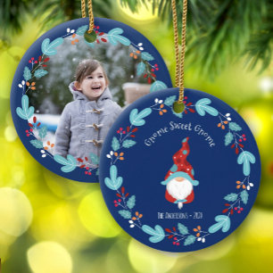 Gnome Sweet Gnome Elf Floral Wreath Photo Blue Ceramic Tree Decoration