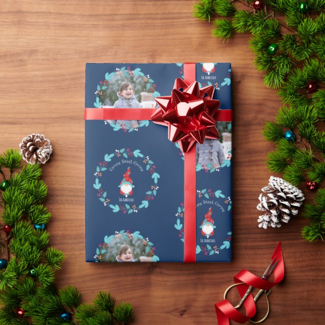 Gnome Sweet Gnome Floral Wreath Blue Custom Photo Wrapping Paper (Holiday Gift)