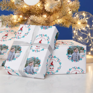 Gnome Sweet Gnome Floral Wreath Cute Custom Photo Wrapping Paper