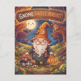 Gnome Sweet Haunt Halloween Forest Illustration Holiday Postcard