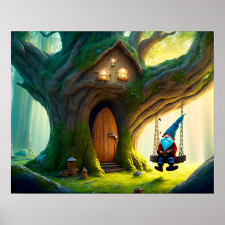 Gnome Swinging on a Swing from his Tree House. Poster