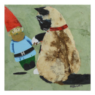 Gnome Tipping, 20x20 square poster. Cat! Gnome! Poster