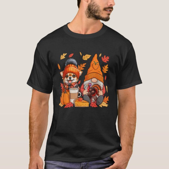 Gnome Turkey Chihuahua Thanksgiving Fall Leaves Pu T-Shirt (Front)