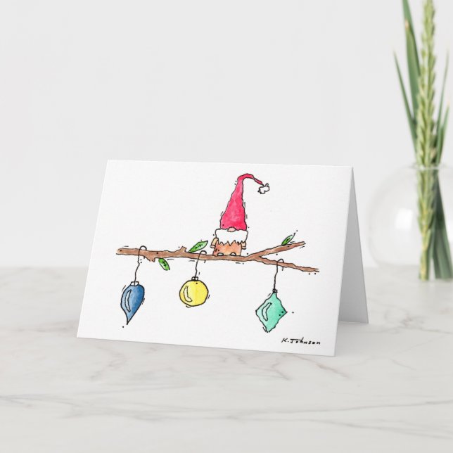 Gnome, Twig and Ornaments Christmas Card (Front)