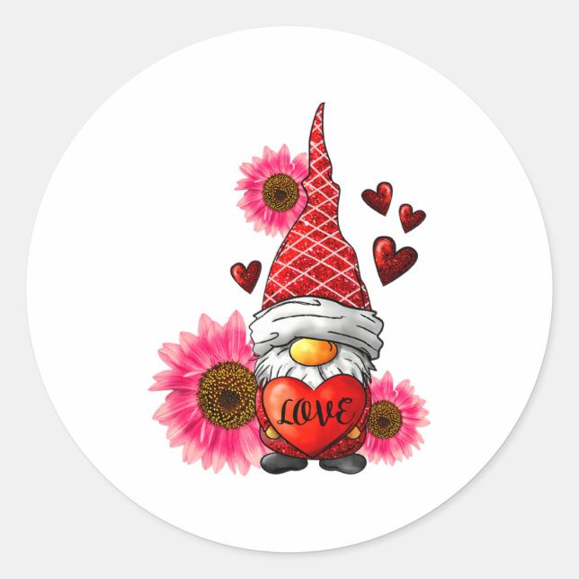 Gnome Valentines Day Cute Gnome Heart Leopard Sunf Classic Round Sticker (Front)