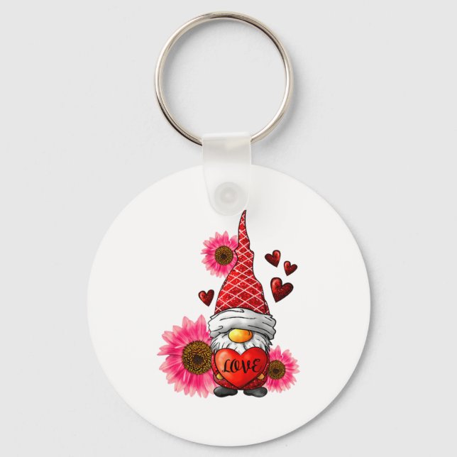 Gnome Valentines Day Cute Gnome Heart Leopard Sunf Key Ring (Front)