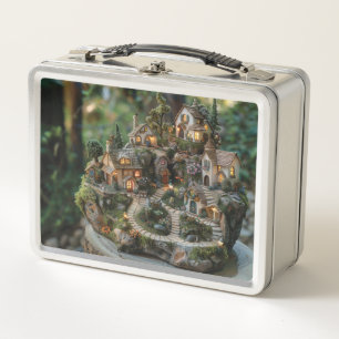 Gnome village on a tree trunk metal lunch box